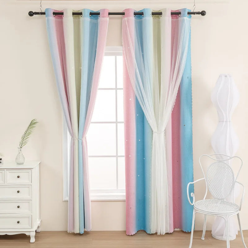 rideau polyester bleu rose rayures pois blancs moderne salon chambre hospitalière