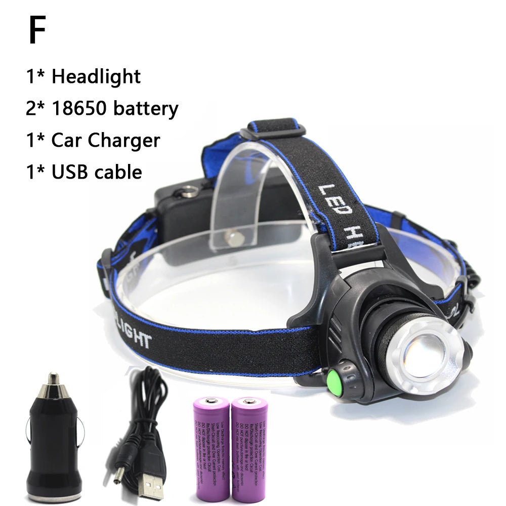 lampe frontale led rechargeable noir bleu rayures diagonales verre transparent mode zoom camping