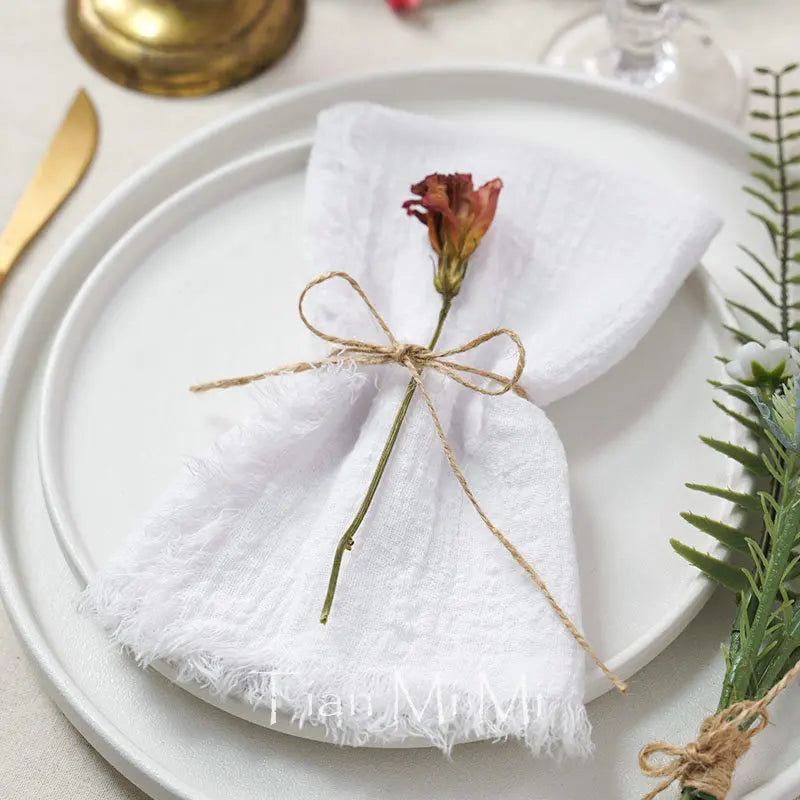 serviette table coton gaze rustique franges ruban jute
