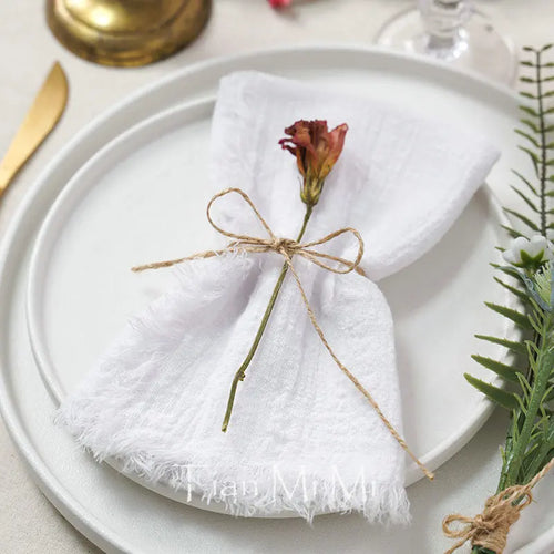 serviette table coton gaze rustique franges ruban jute