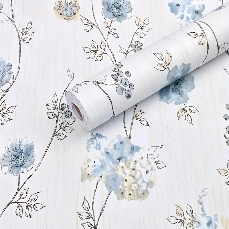 papier peint fleuri bleu classique adhésif amovible fleurs feuilles stylisées moderne muette