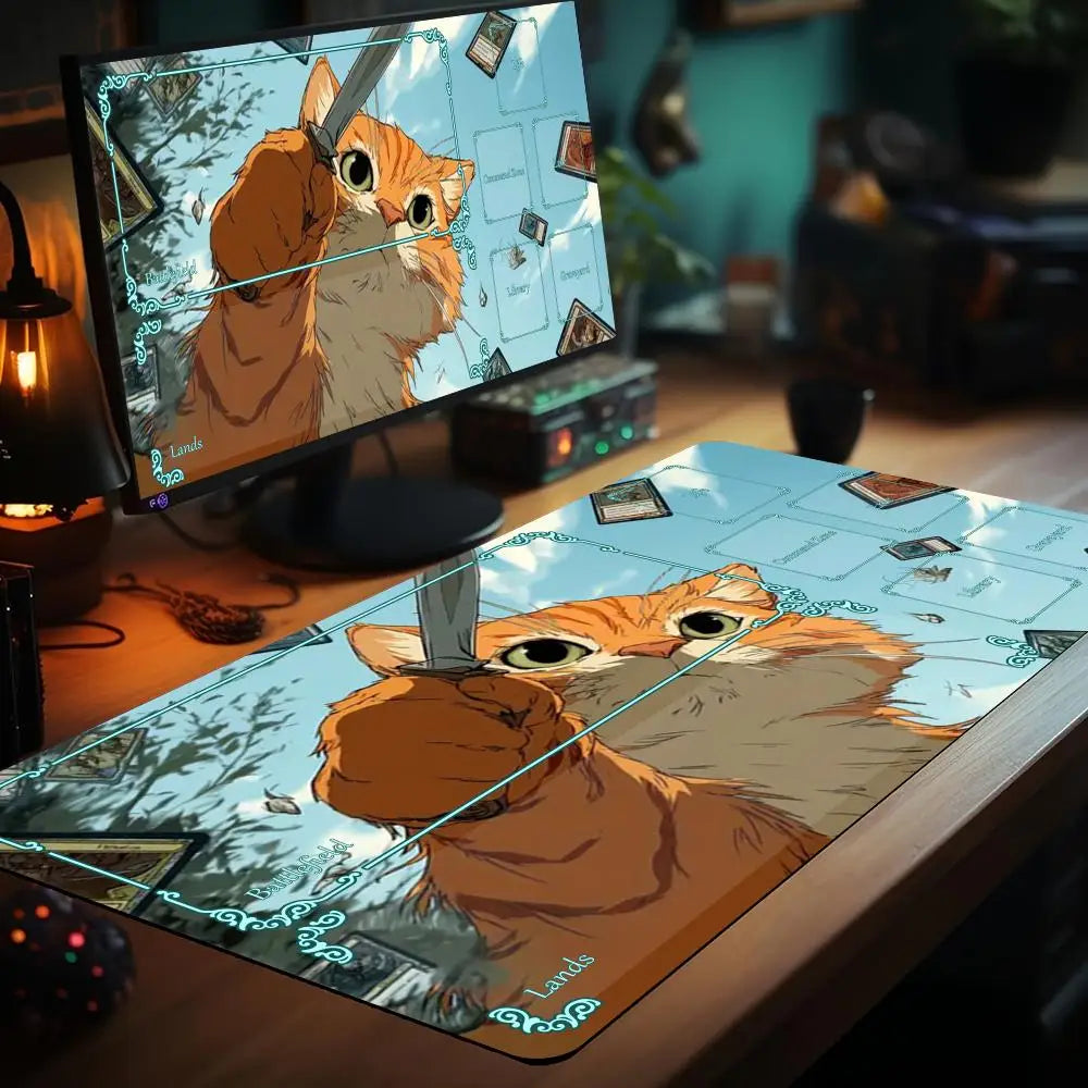 tapis jeu playmat chat épée cartes géométrique orange noir rouge illustration animateur