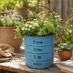 Pot fleurs vintage vert bleu blanc motif étiquette hauteur 22cm largeur 12cm