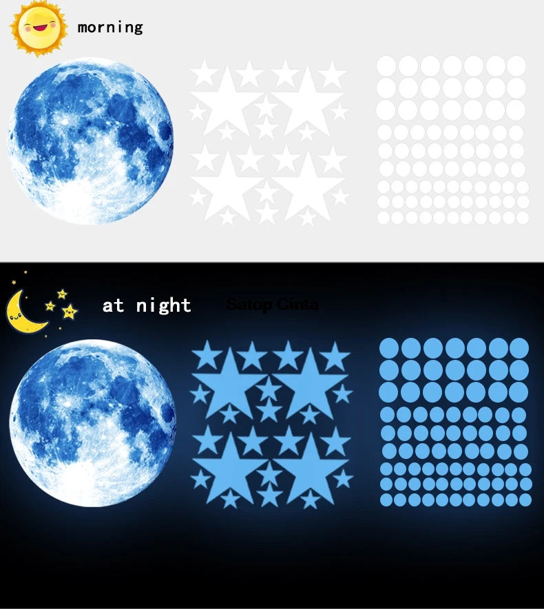 Stickers muraux étoiles lune points bleus verts blancs adhésifs chambre enfant décoration moderne glow