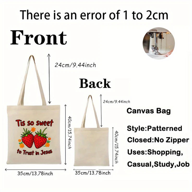 sac main toile beige fraises fleurs texte jésus poignées réutilisable écologique imprimé tridimensionnel