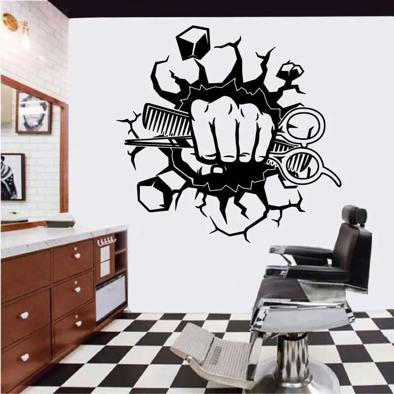 autocollant mural main outils coiffure peigne ciseaux cubes fond texturé fissures noir bleu graphique