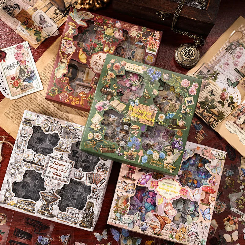 stickers vintage multicolores papier floral romantique 70x70mm ensemble scrapbooking décoration journaux
