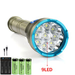 lampe torche rechargeable dorée bleue rayures horizontales boutons fixation batteries AAA câble USB lumière
