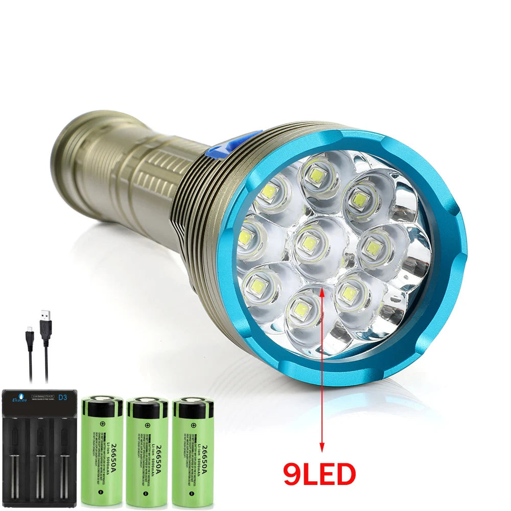 lampe torche rechargeable dorée bleue rayures horizontales boutons fixation batteries AAA câble USB lumière