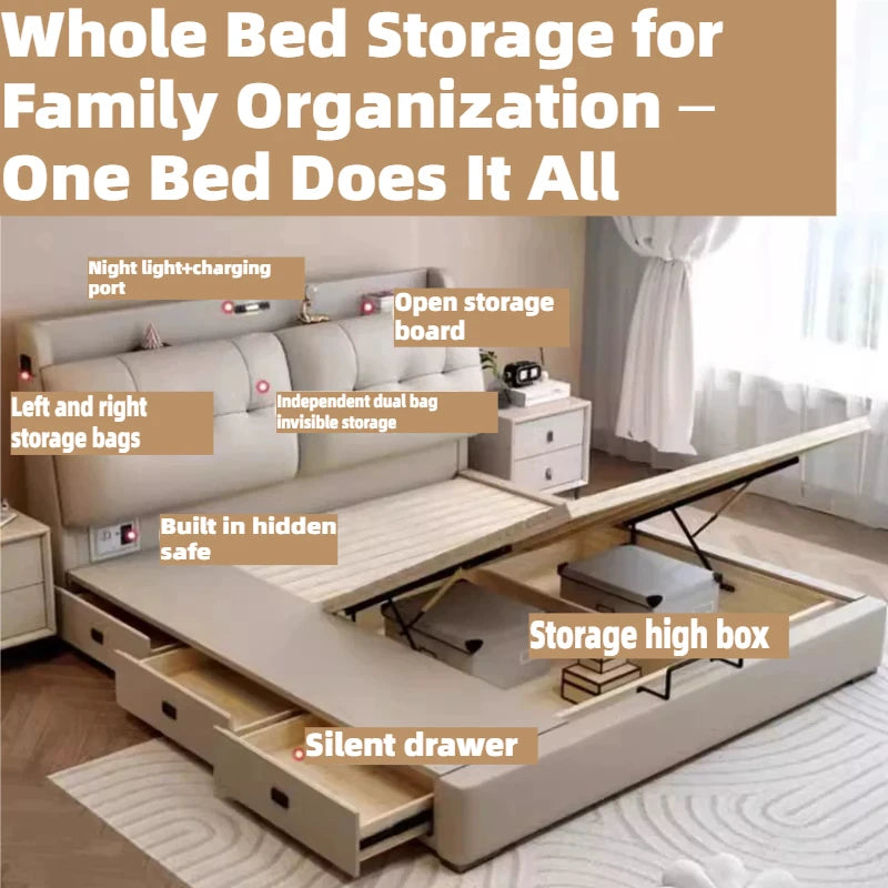 lit double beige simili cuir tiroirs rangement tête lit lumineuse moderne chambre