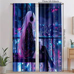 rideaux anime futuriste deux panneaux impression graphique jeunes femme ville neon chambre moderne polyester