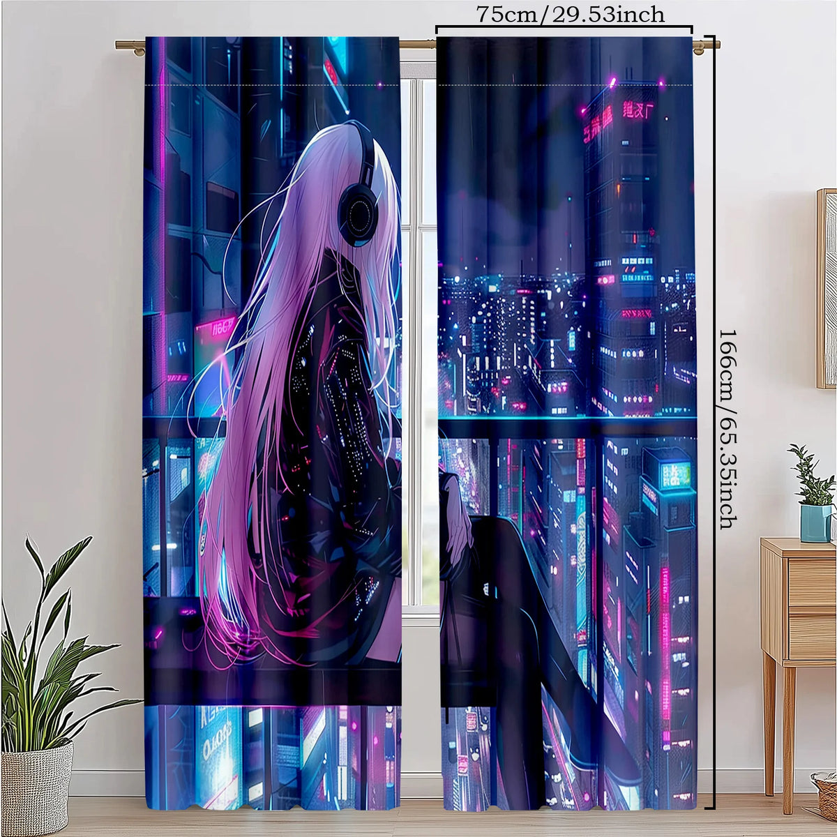 rideaux anime futuriste deux panneaux impression graphique jeunes femme ville neon chambre moderne polyester