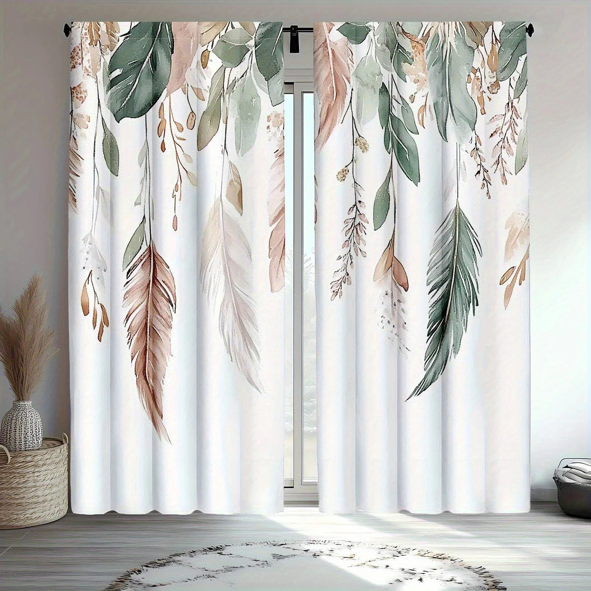 rideau occultant moderne boho chic plumes feuilles métalliques blanc vert beige marron clair intérieur