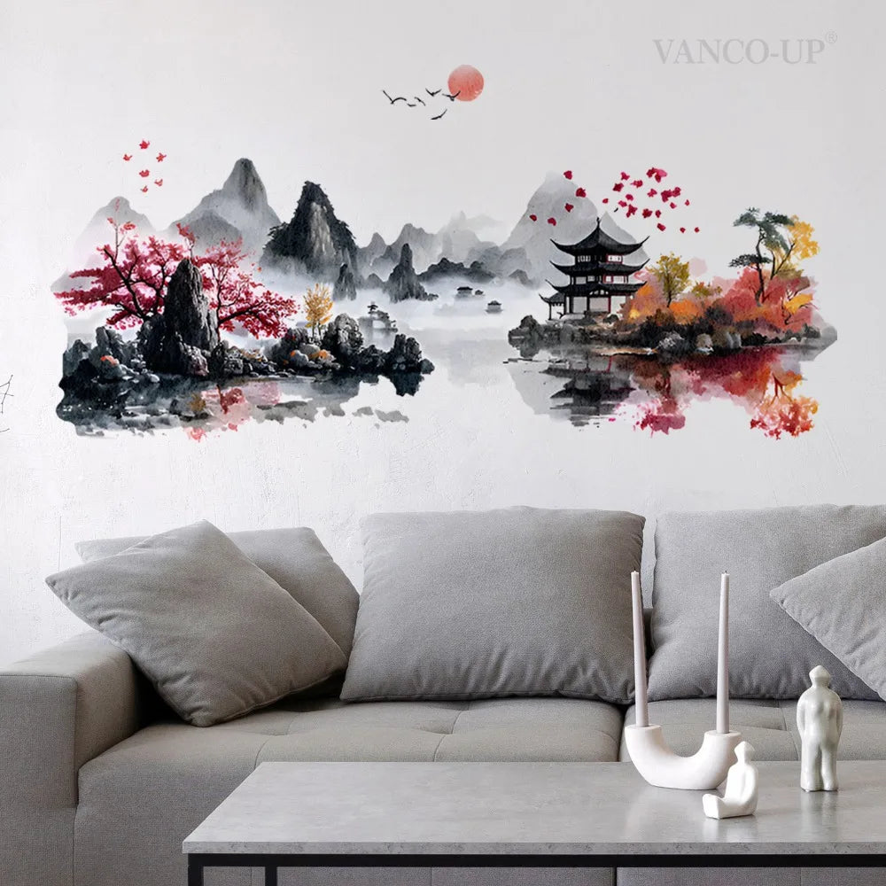 sticker mural paysage oriental adhésif noir gris rouge moderne décoration intérieure chambre salonpaque