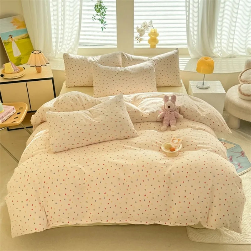ensemble literie enfantin housse couette fleurs animaux rose beige points coussin lapin chien