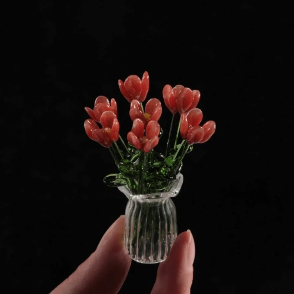 bouquet artificiel violet jaune vert blanc bleu orange feuilles vertes miniature vase transparent six