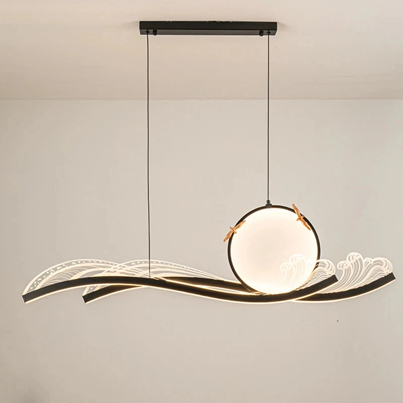 suspension lumineuse moderne vague motif floral acrylique led dimmable noir doré blanc