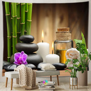 tapis mural bambou zen vert noir blanc pierres orchidées bougies feuilles tropicales