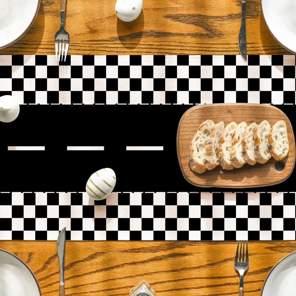 nappe carreaux route course blanche noire anniversaire enfant décoration événement festive originaleversible tissu