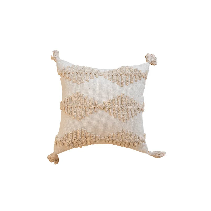 coussin peluche patchwork motif géométrique boho chic franges non toxique 45x45cm