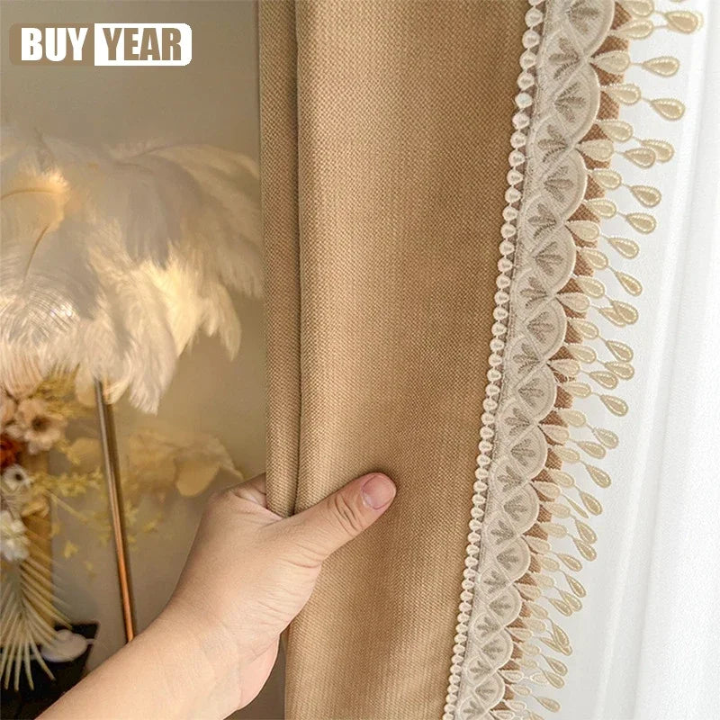 rideau moderne polyester beige clair foncé dentelle blanche opacité élégant français moderne maison