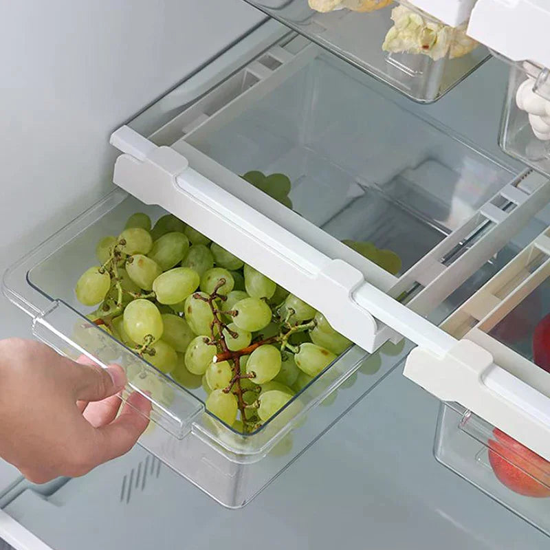 boîtes rangement transparentes modernes fruits légumes clips poignées réfrigérateur organisation pratique cuisine