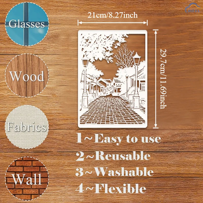 pochoirs stencil blanc rue pavée lanternes arbres bâtiments traditionnels peinture murale scrapbooking coloriage