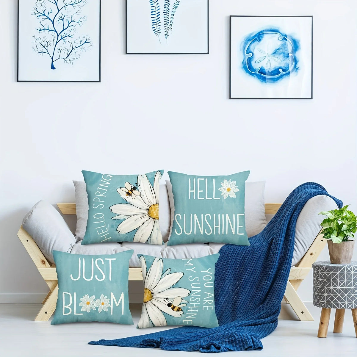 housse coussin polyester motif fleur bleue moderne texte printemps coussins différentes tailles