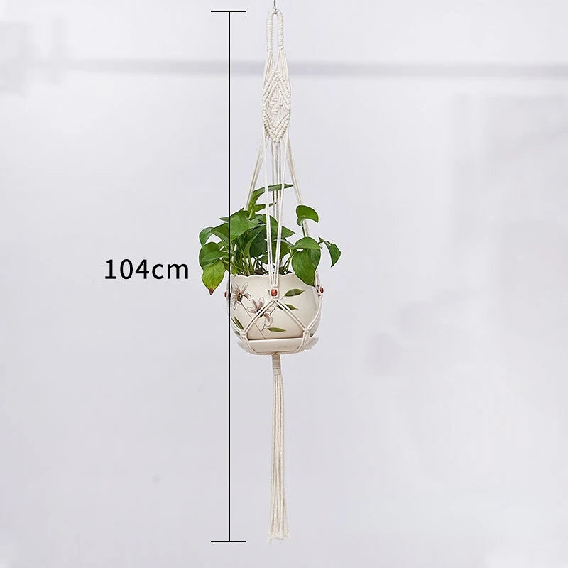 support plante suspendue macramé boho rotin blanc sculpté main decoration maison balcon jardin anneau