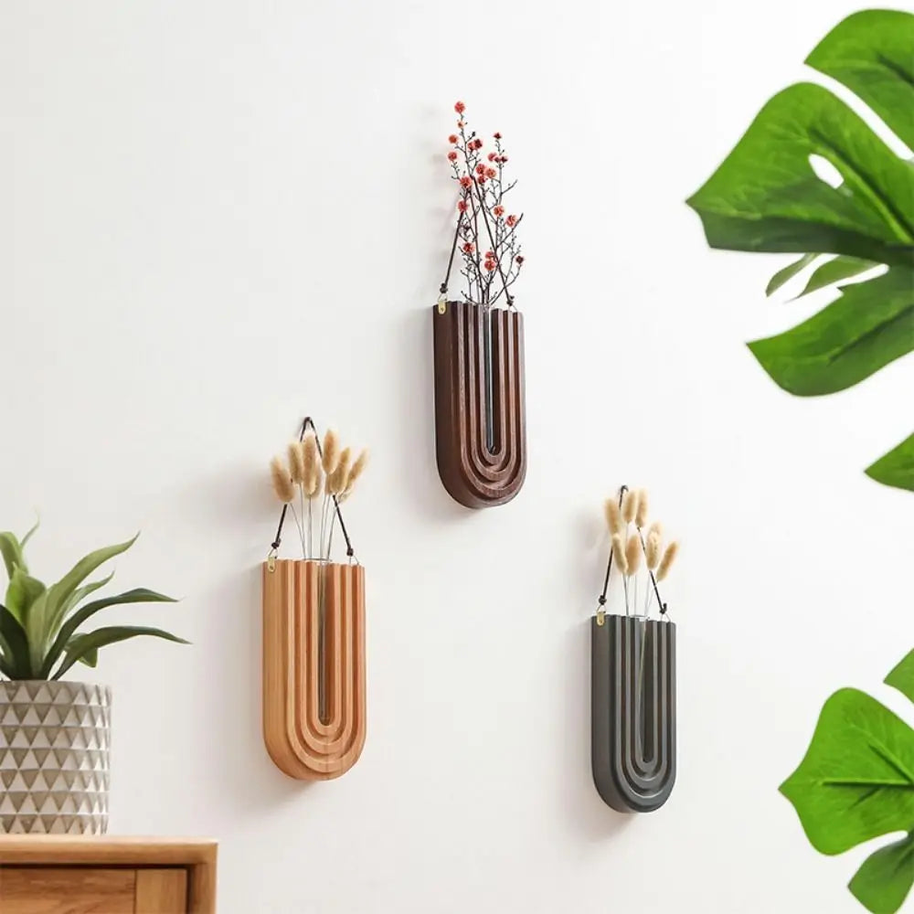vase mural moderne bois motif ondulé noir gris noyer pendentif décoration murale plantes