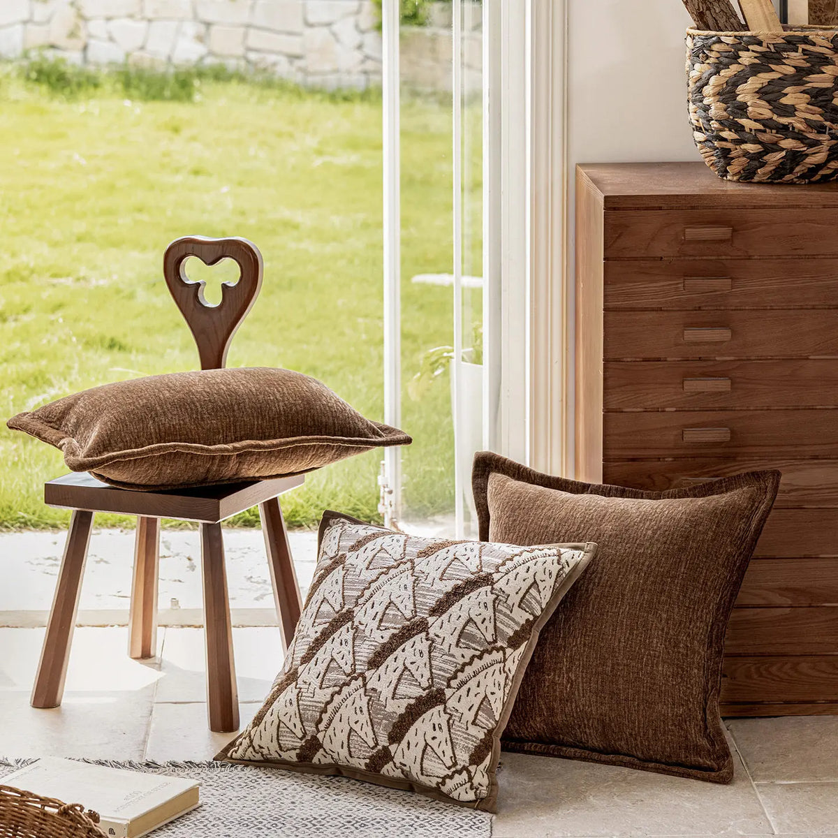 housse coussin géométrique polyester texture douce nordique moderne marron clair beige foncé