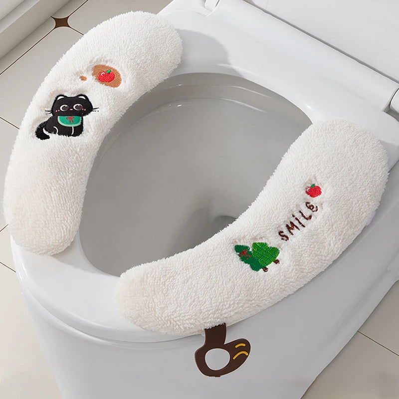 couvre siege toilette peluche blanc jaune imprimé chien doux decoratif anneaux métalliques salle bain