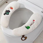 couvre siege toilette peluche blanc jaune imprimé chien doux decoratif anneaux métalliques salle bain