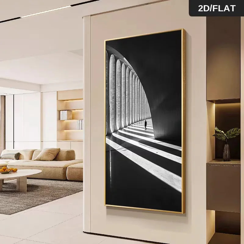 décoration murale moderne architecture intérieure noir blanc toile tunnel perspective ombres lumières minimaliste