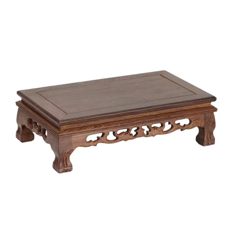 présentoir bois sculpté marron motifs complexes reliefs plantes bonsaï vases fleurs théière tasses déco