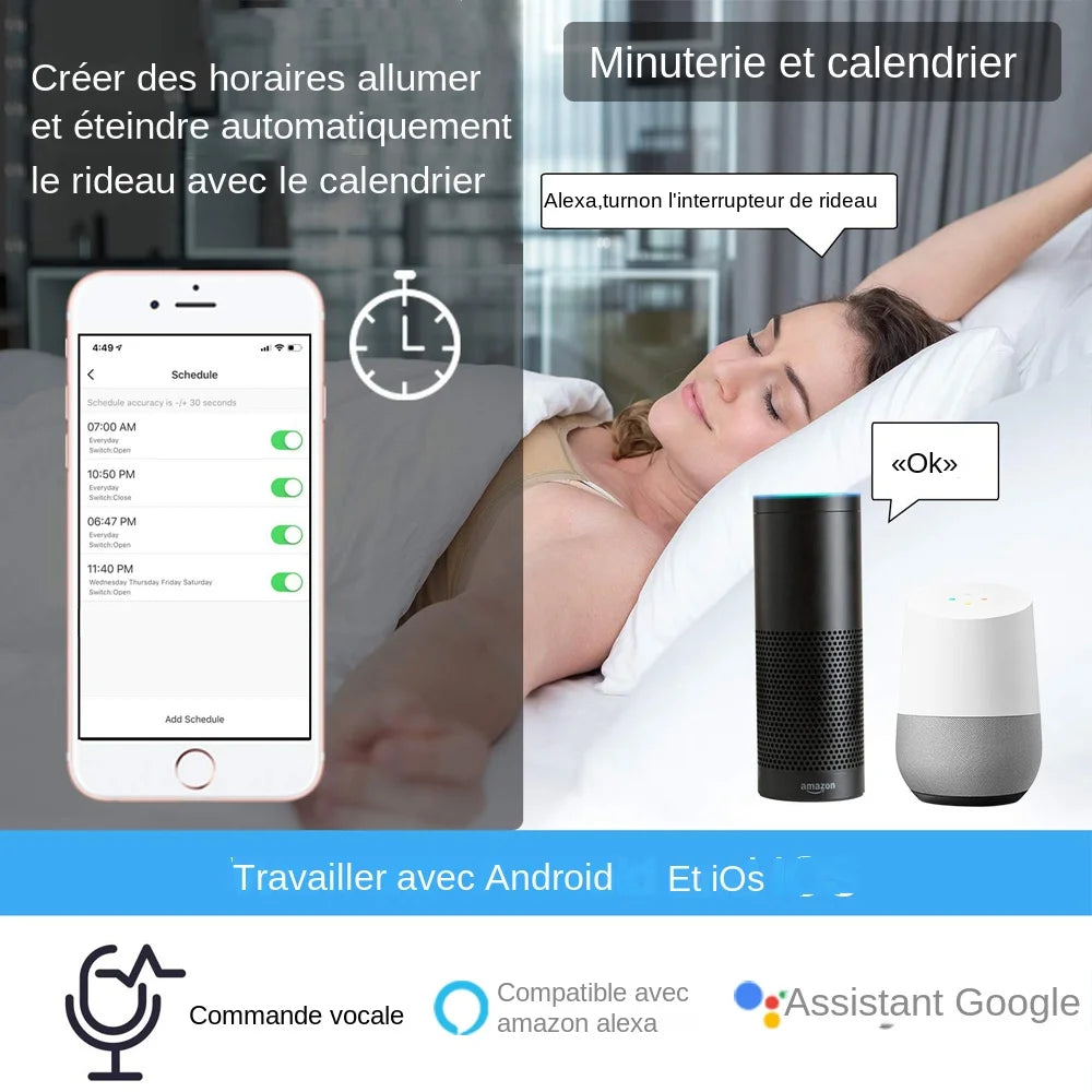 module commutation rideau blanc moderne tringle commande câbles connectivité google alexa