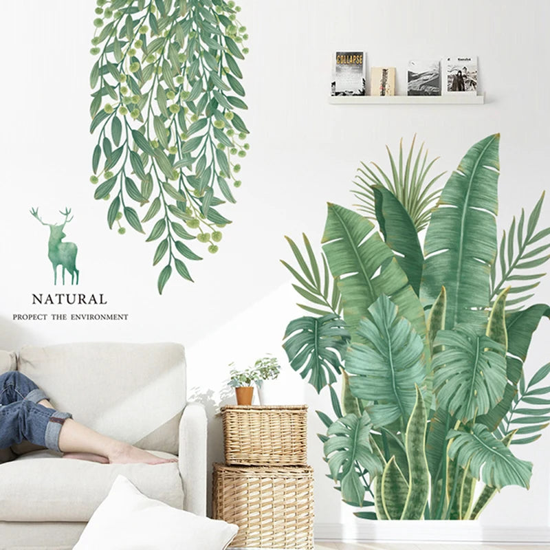 sticker mural décoration feuilles plantes tropicales aquarelle naturel moderne 30x90cm