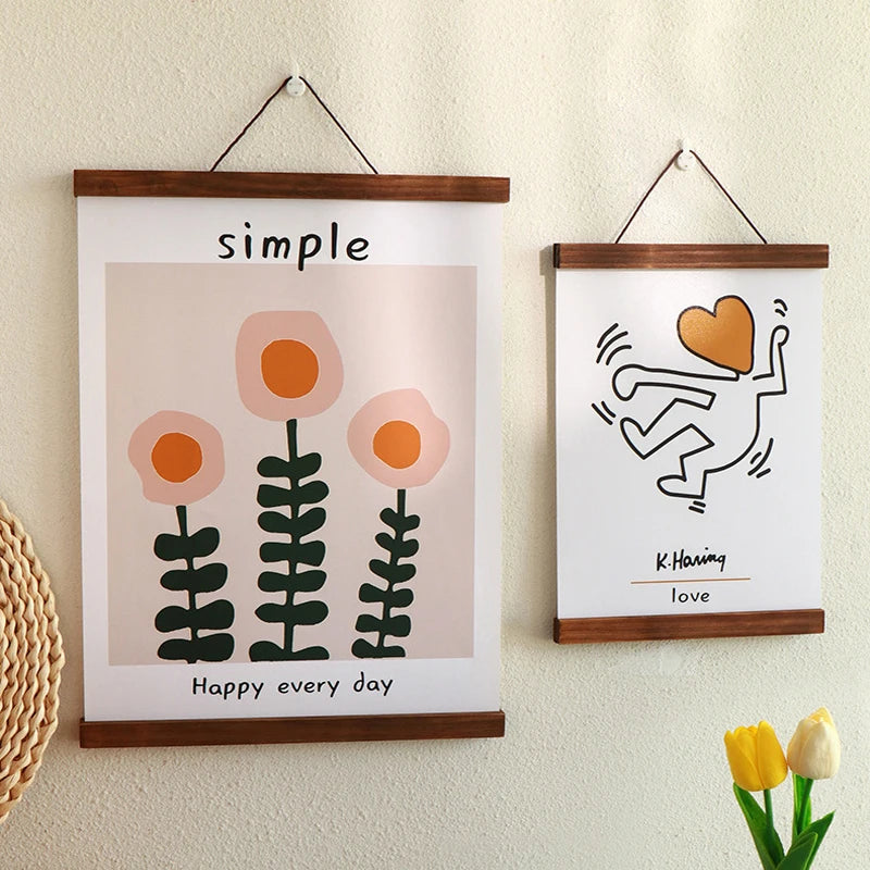cadre mural bois blanc noir orange moderne minimaliste abstrait floral souriant 21cm 31cm 41cm