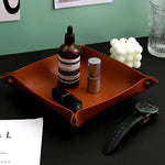plateau rangement marron clair texture simili cuir moderne dorés respectueux environnement salon empilable double