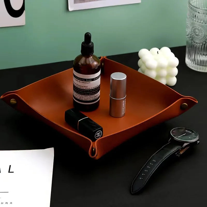 plateau rangement marron clair texture simili cuir moderne dorés respectueux environnement salon empilable double