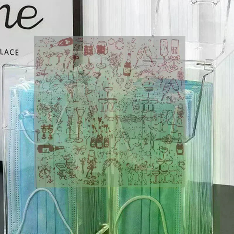 boîtes rangement masques transparentes imprimées motifs modernes poignées anneaux différents couleurs