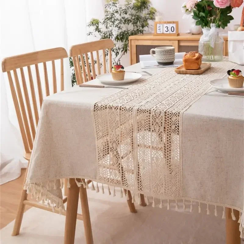 nappe table rectangulaire beige clair rustique boho chic tissée motifs franges