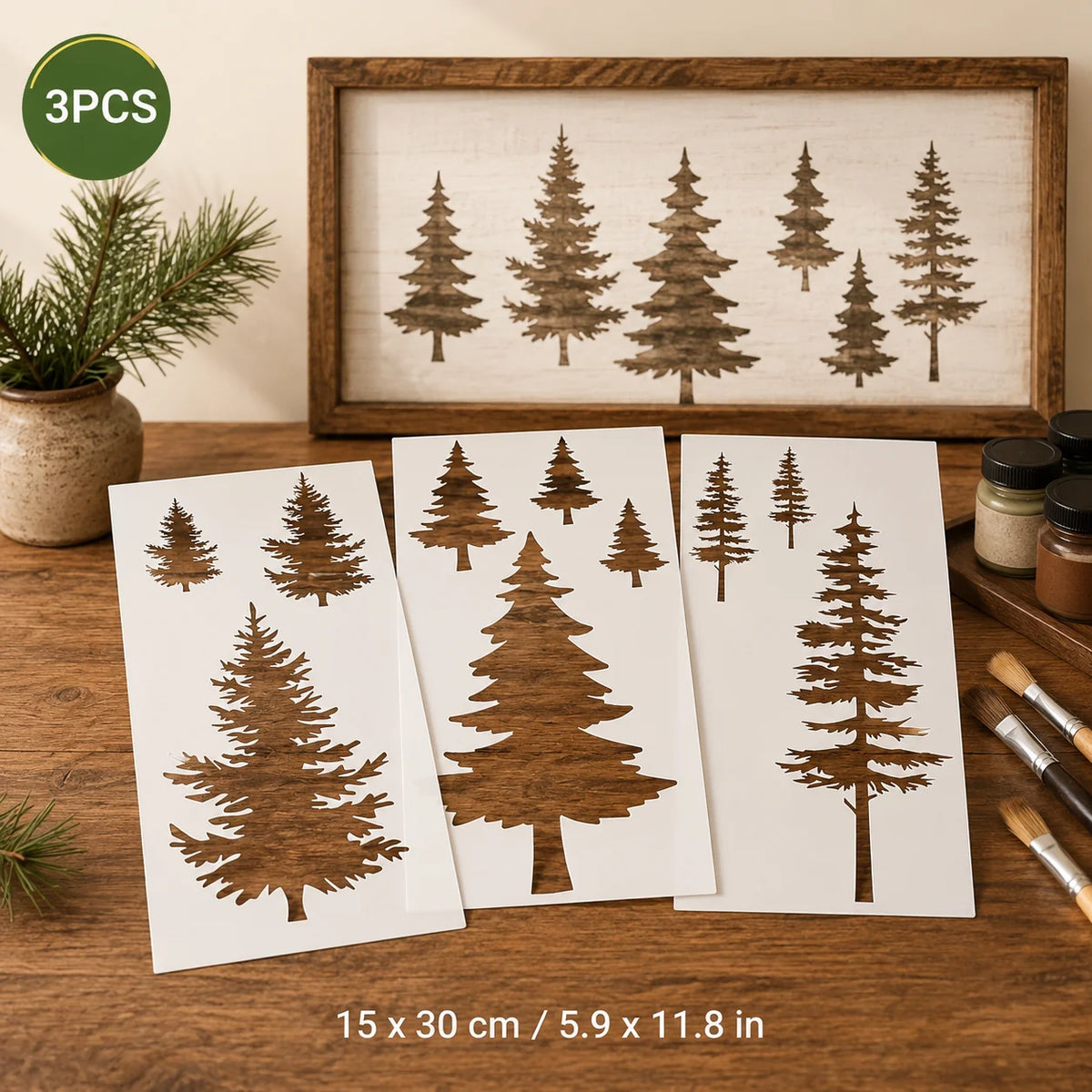 gabarits réutilisables sapins marron clair silhouettes simples décoration intérieure adhésif diy peinture mur bois