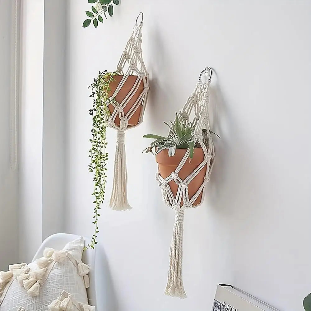 supports suspens plante macramé blanc moderne rétro anneaux métalliques pots fleursDecoration intérieure extérieure