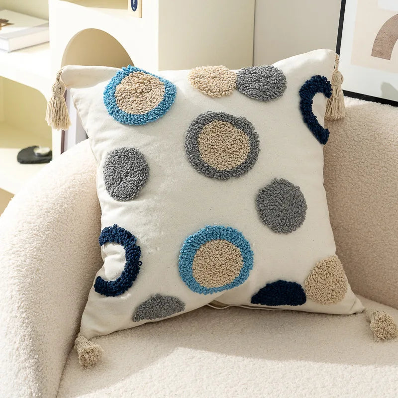 taies d'oreiller carrées 45x45cm moderne motifs géométriques blanc marron vert bleu beige tasseaux