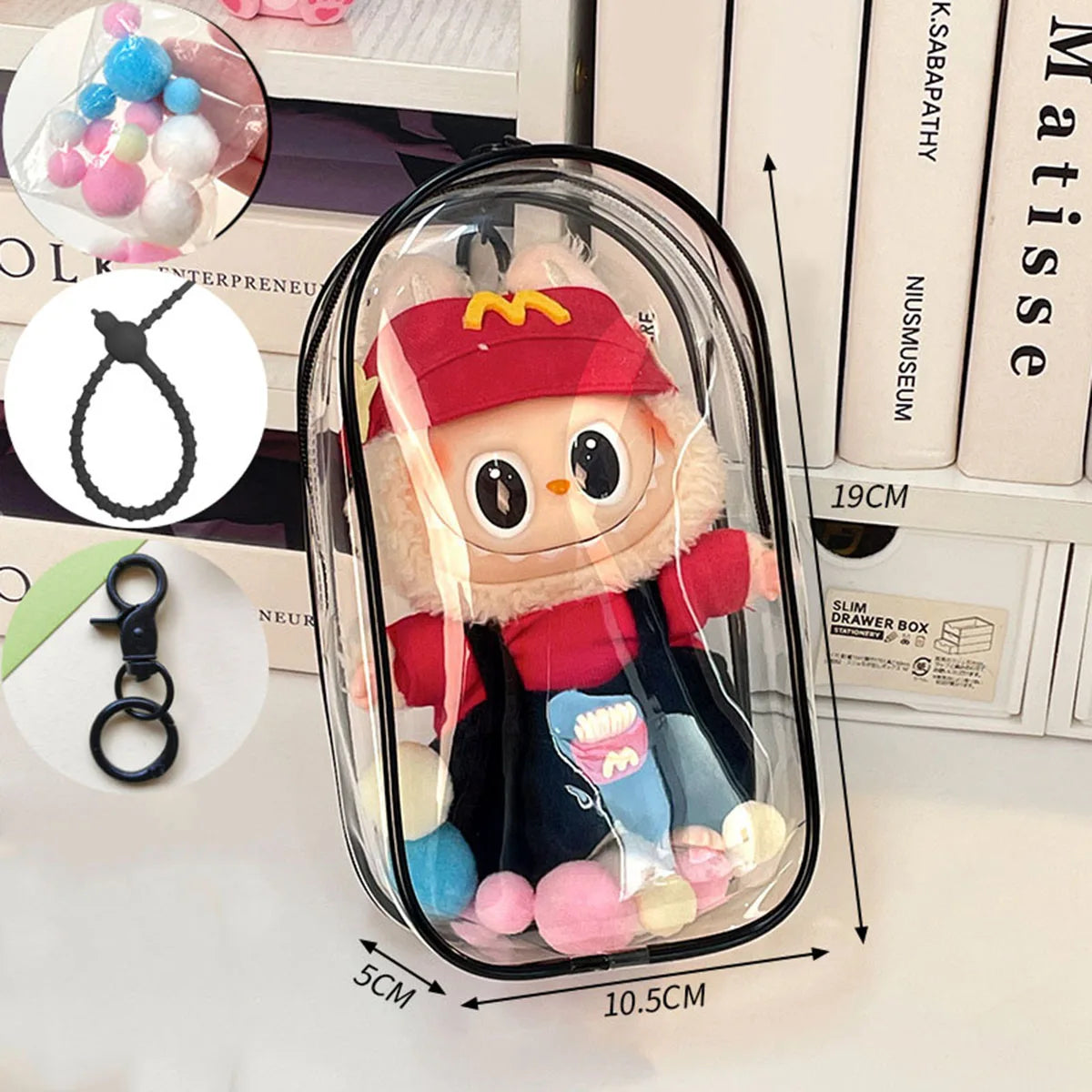 sac main transparent moderne chaîne métallique personnage peluche pompons colorés tendance adulte fille garçon