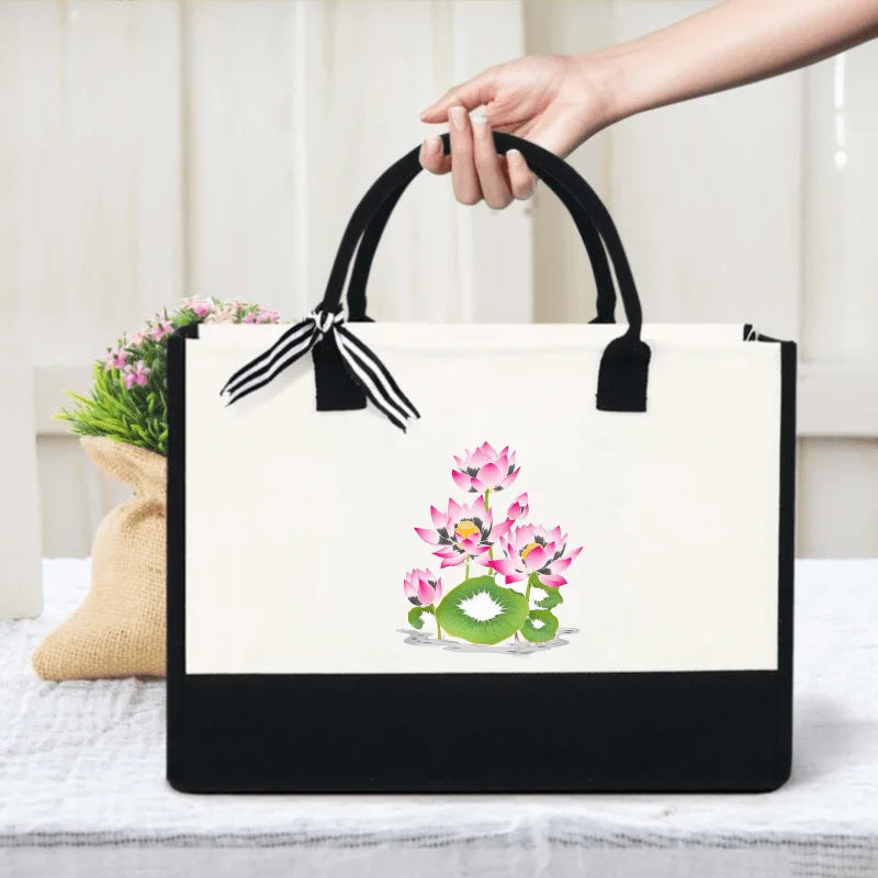 sac main toile fleurs roses feuilles vertes beige noir moderne