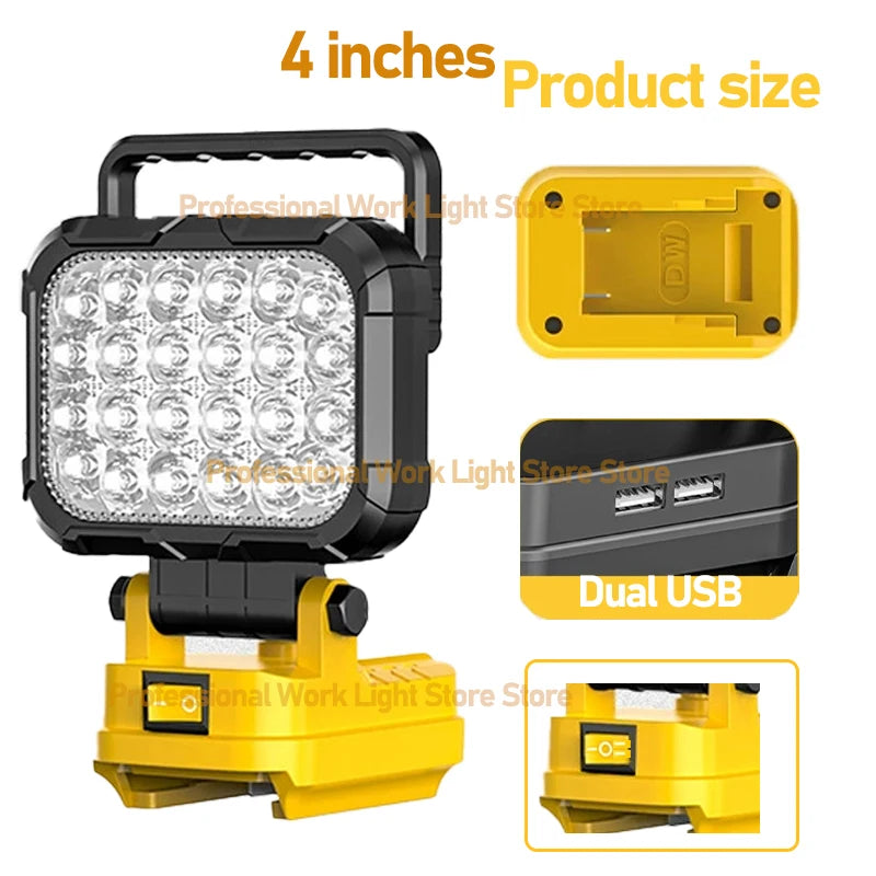 lampe travail led jaune moderne robuste interrupteur luminosité port usb poignée transport sans fil