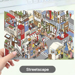 puzzle isométrique ville miniature multicolore personnages bâtiments mobilier urbain végétation panneaux publicitaires