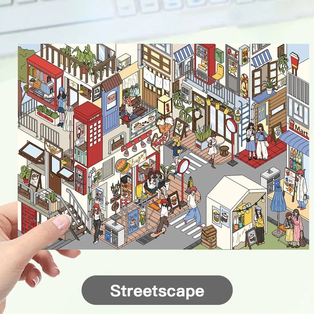 puzzle isométrique ville miniature multicolore personnages bâtiments mobilier urbain végétation panneaux publicitaires